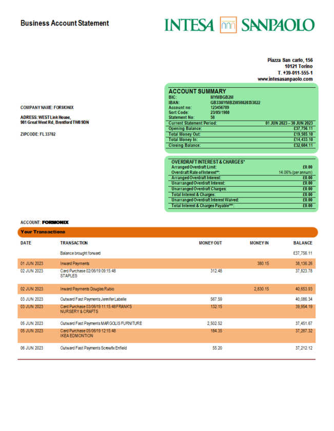 Modèle Word et PDF de relevé de compte d'entreprise Intesa Sanpaolo Bank